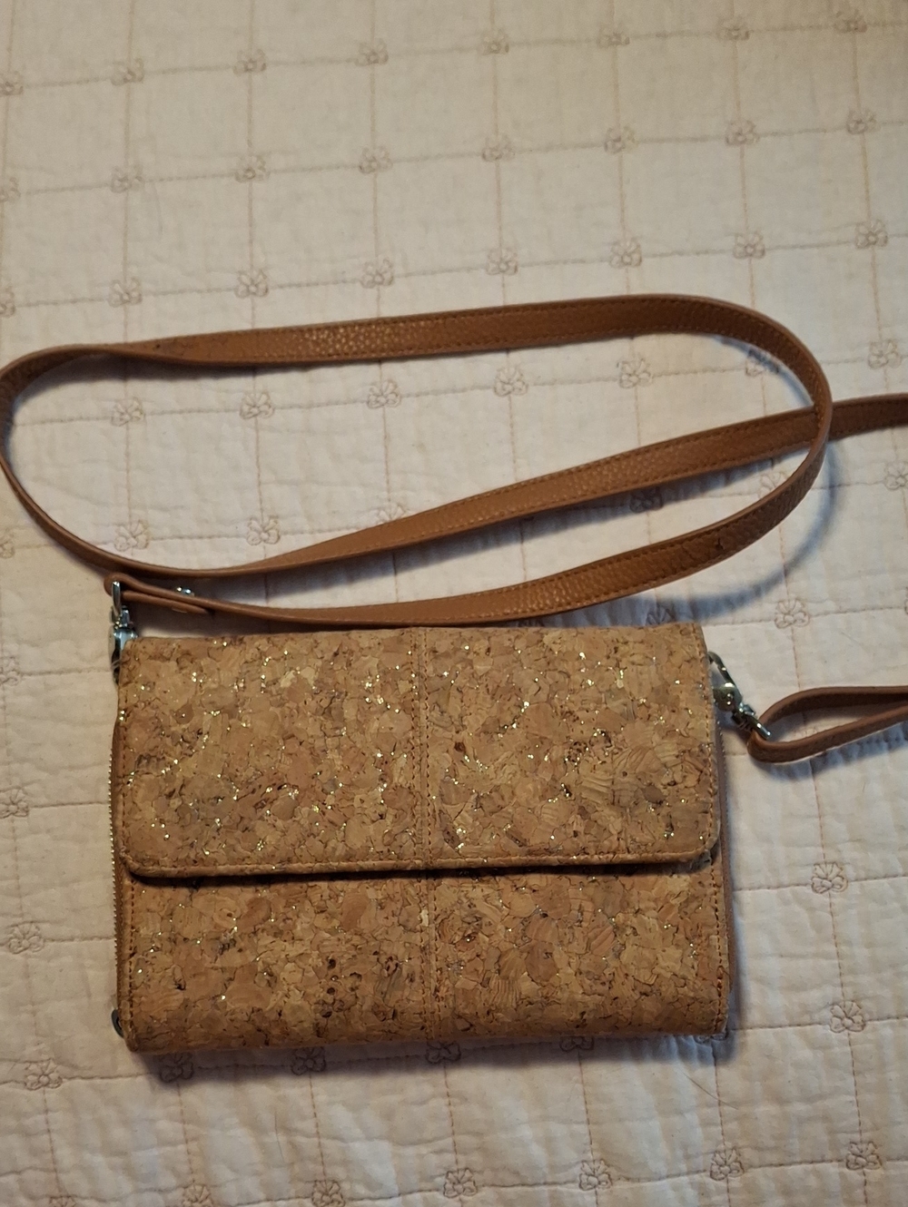 thirty-one Cork Crossbody Wallet in Tan with Gold Glitter
